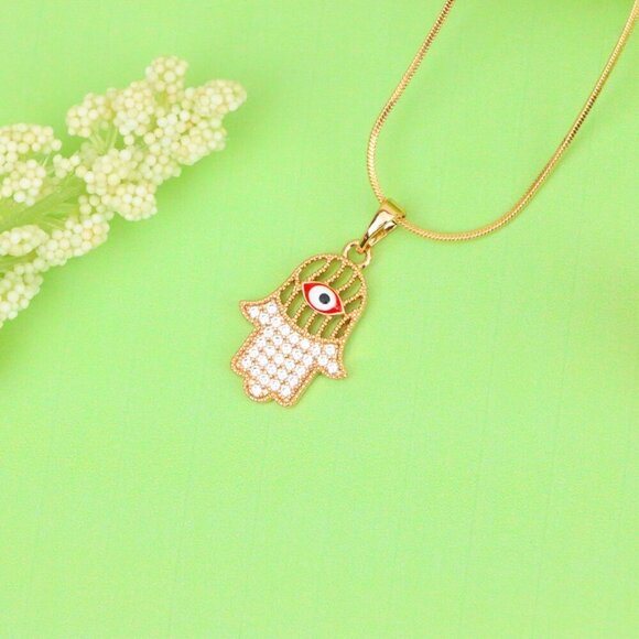 "Rose Gold Hamsa Hand Pendant with Evil Eye and Sparkling Stones, XPPT1386 - Picture 12 of 13